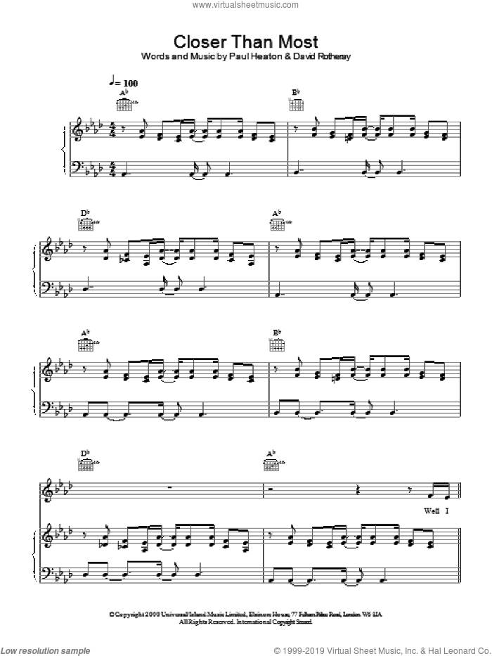 Closer Than Most sheet music for voice, piano or guitar by The Beautiful South, intermediate skill level