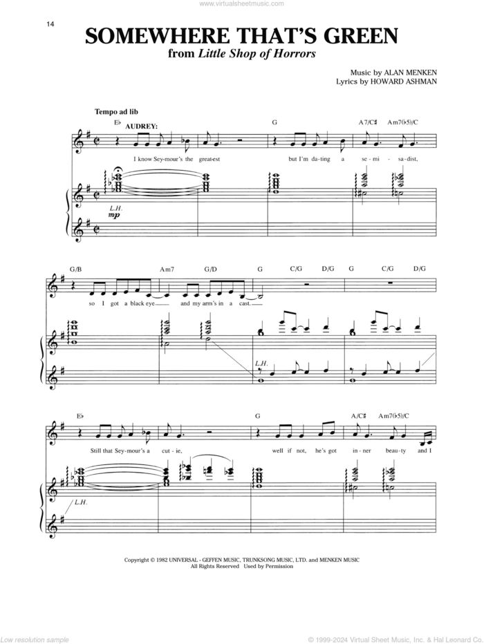 Somewhere That's Green (from Little Shop Of Horrors) sheet music for voice and piano (Mezzo Soprano) by Alan Menken & Howard Ashman, Richard Walters, Alan Menken and Howard Ashman, intermediate skill level