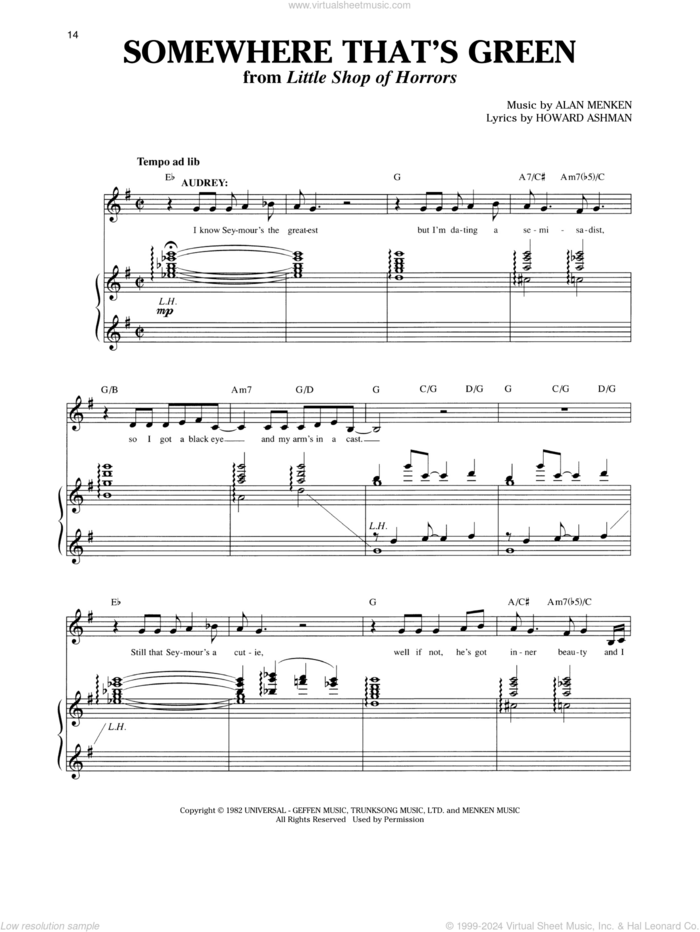 Somewhere That's Green (from Little Shop Of Horrors) sheet music for voice and piano (Mezzo Soprano) by Alan Menken & Howard Ashman, Richard Walters, Alan Menken and Howard Ashman, intermediate skill level