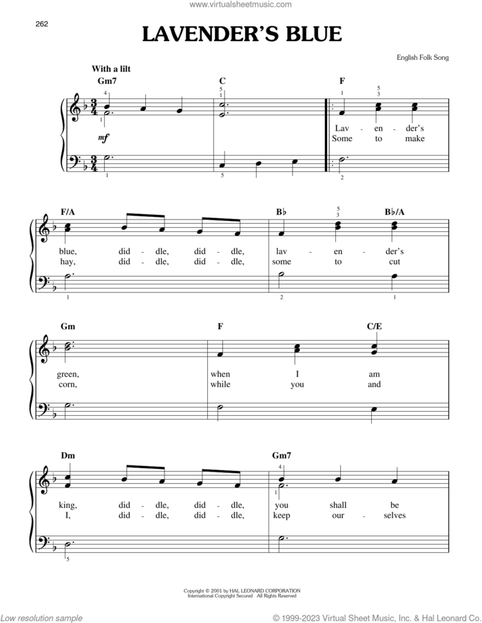 Lavender's Blue sheet music for piano solo, easy skill level