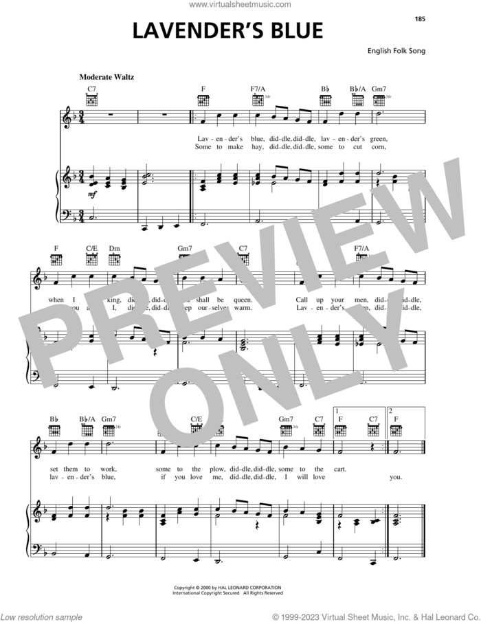 Lavender's Blue sheet music for voice, piano or guitar, intermediate skill level