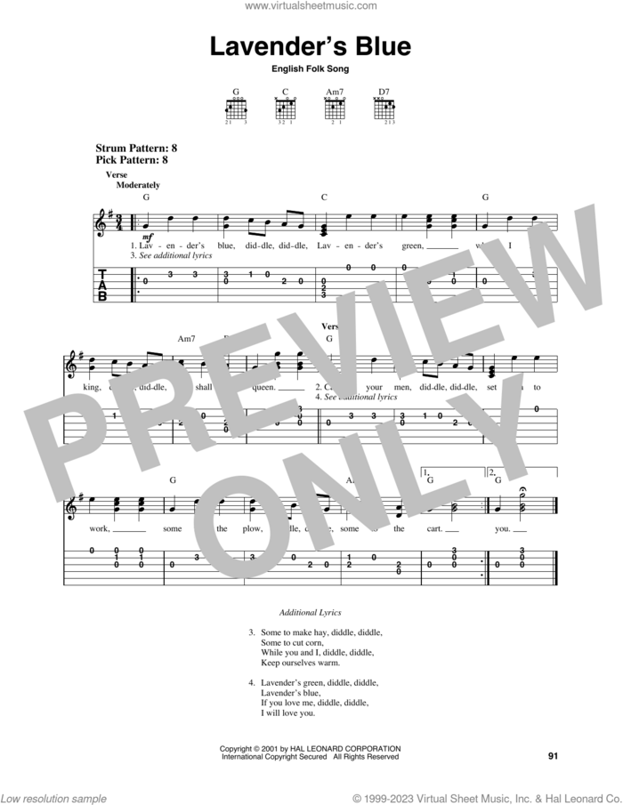 Lavender's Blue sheet music for guitar solo (easy tablature), easy guitar (easy tablature)