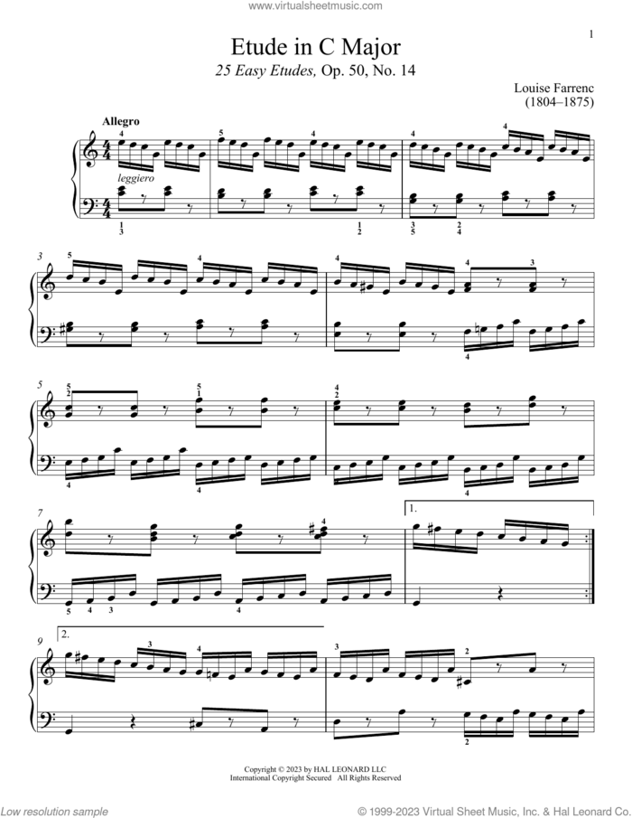 Etude in C Major sheet music for piano solo by Louise Dumont Farrenc and Immanuela Gruenberg, classical score, intermediate skill level