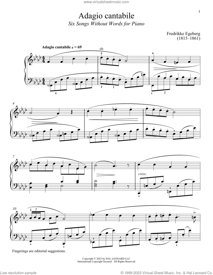 Adagio cantabile sheet music for piano solo by Fredrikke Egeberg and Immanuela Gruenberg, classical score, intermediate skill level