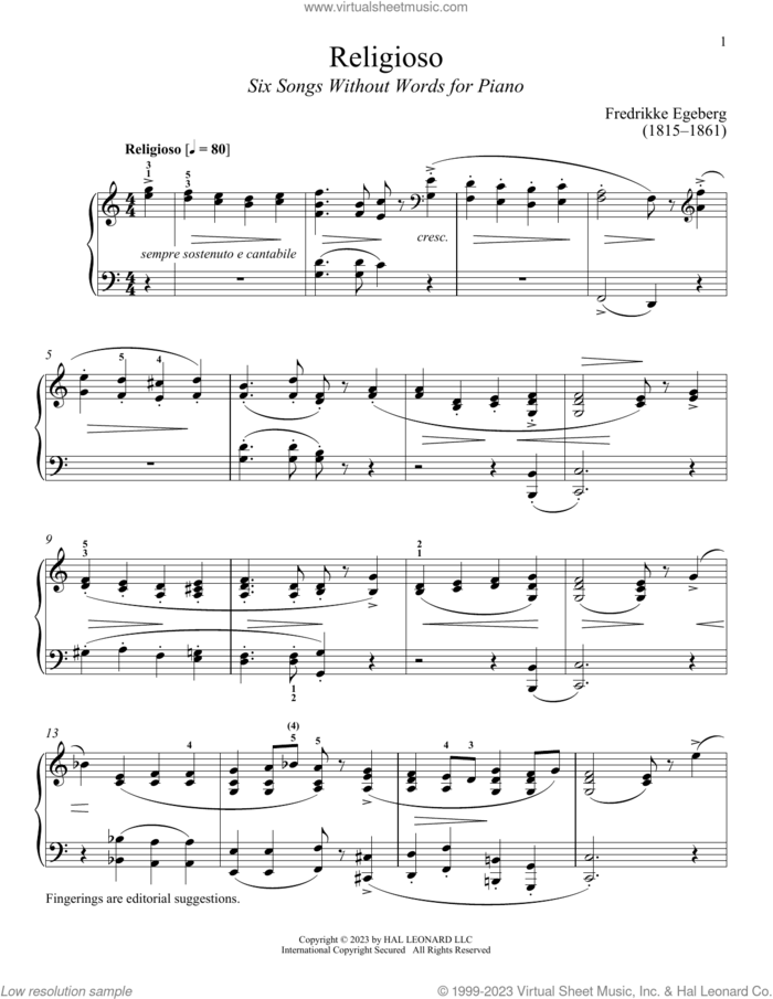 Religioso sheet music for piano solo by Fredrikke Egeberg and Immanuela Gruenberg, classical score, intermediate skill level