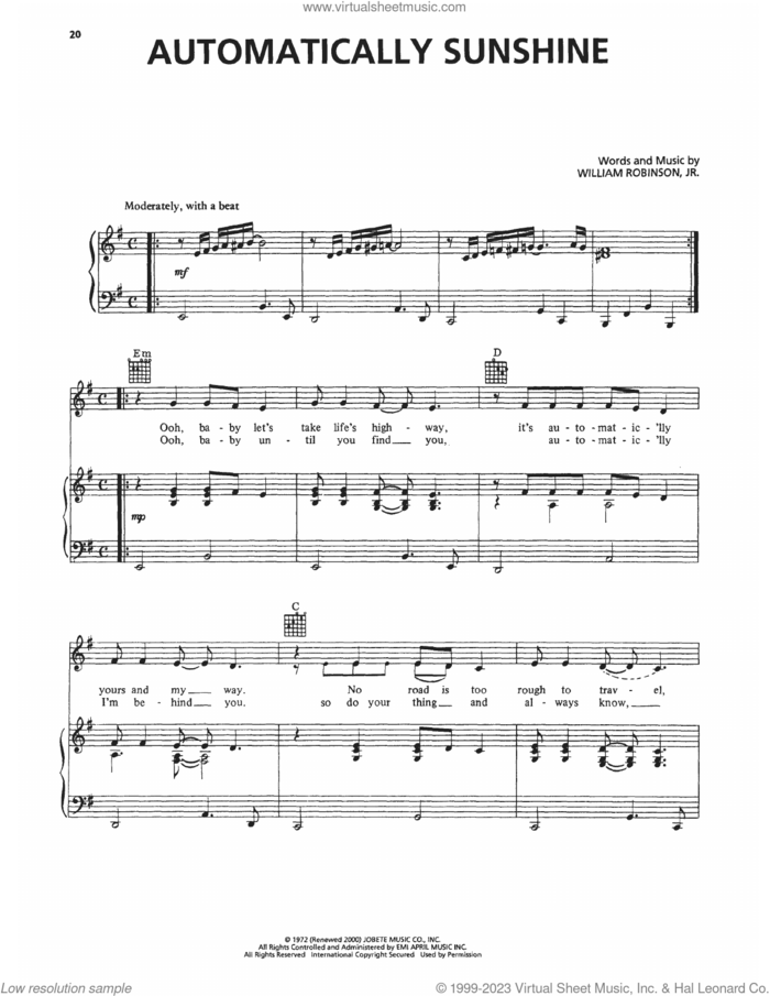 Automatically Sunshine sheet music for voice, piano or guitar by The Supremes and William Robinson, Jr., intermediate skill level
