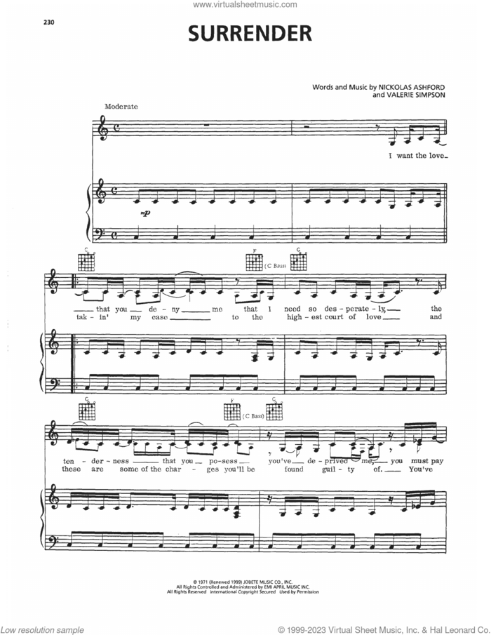 Surrender sheet music for voice, piano or guitar by Diana Ross, Nickolas Ashford and Valerie Simpson, intermediate skill level