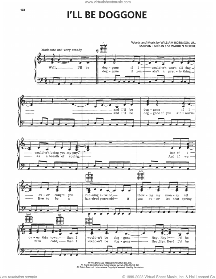 I'll Be Doggone sheet music for voice, piano or guitar by Marvin Gaye, Marvin Tarplin, Warren Moore and William Robinson, Jr., intermediate skill level