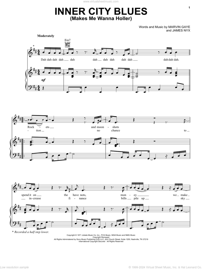 Inner City Blues (Make Me Wanna Holler) sheet music for voice, piano or guitar by Marvin Gaye and James Nyx, intermediate skill level