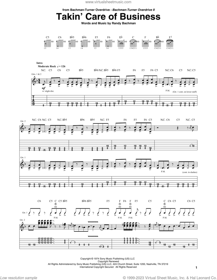 Takin' Care Of Business sheet music for guitar (tablature) by Bachman-Turner Overdrive and Randy Bachman, intermediate skill level