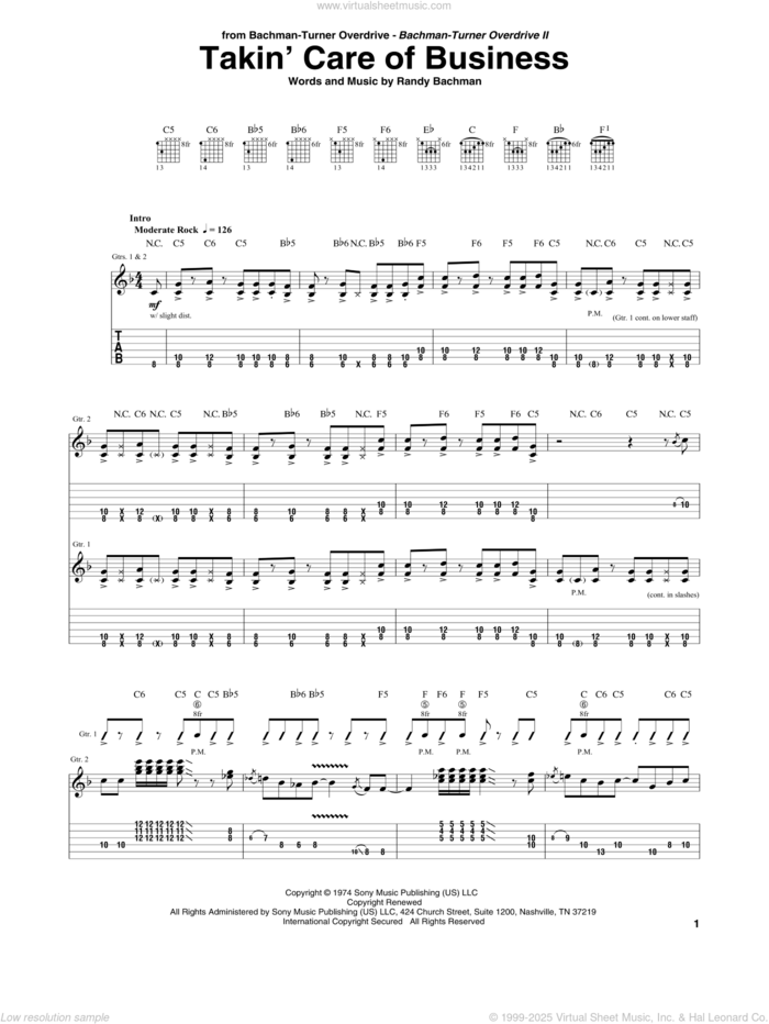 Takin' Care Of Business sheet music for guitar (tablature) by Bachman-Turner Overdrive and Randy Bachman, intermediate skill level