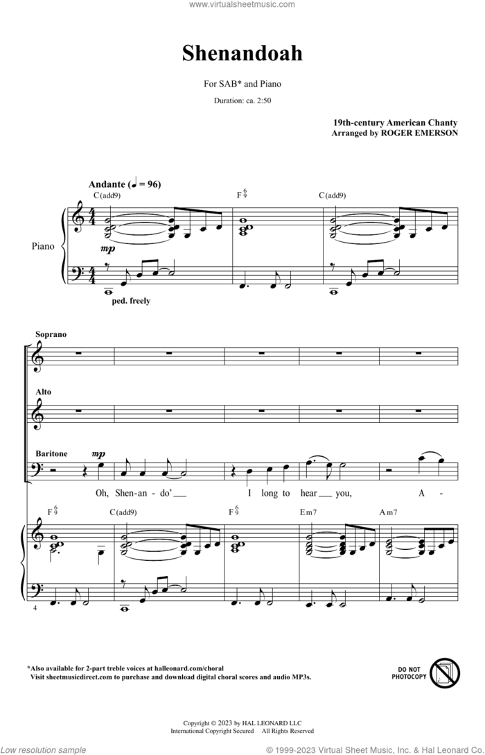 Shenandoah (arr. Roger Emerson) sheet music for choir (SAB: soprano, alto, bass) by Anonymous, Roger Emerson and 19th Century American Chanty, intermediate skill level