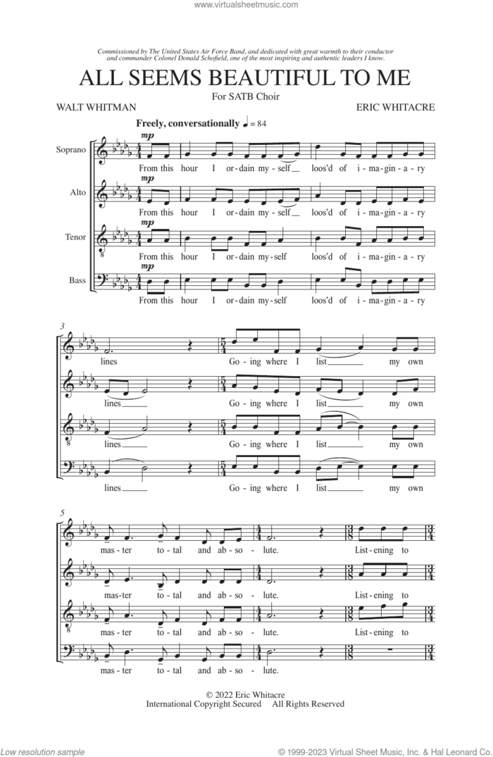 All Seems Beautiful To Me sheet music for choir (SATB: soprano, alto, tenor, bass) by Eric Whitacre and Walt Whitman, intermediate skill level