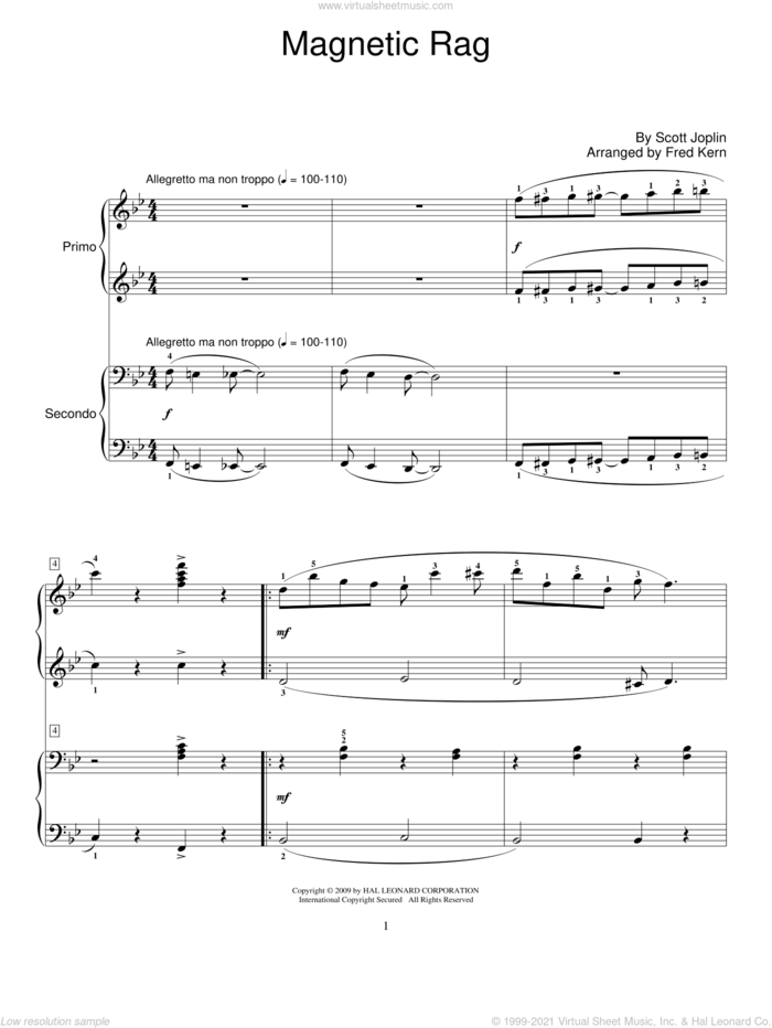 Magnetic Rag sheet music for piano four hands by Scott Joplin, Fred Kern and Miscellaneous, intermediate skill level