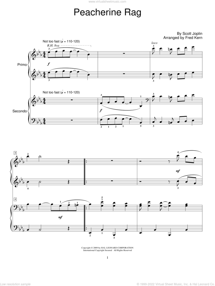 Peacherine Rag sheet music for piano four hands by Scott Joplin, Fred Kern and Miscellaneous, intermediate skill level