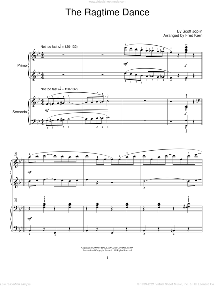 The Ragtime Dance sheet music for piano four hands by Scott Joplin, Fred Kern and Miscellaneous, intermediate skill level