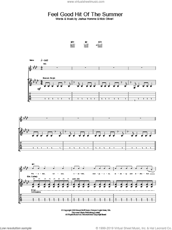 Feel Good Hit Of The Summer sheet music for guitar (tablature) by Queens Of The Stone Age, intermediate skill level
