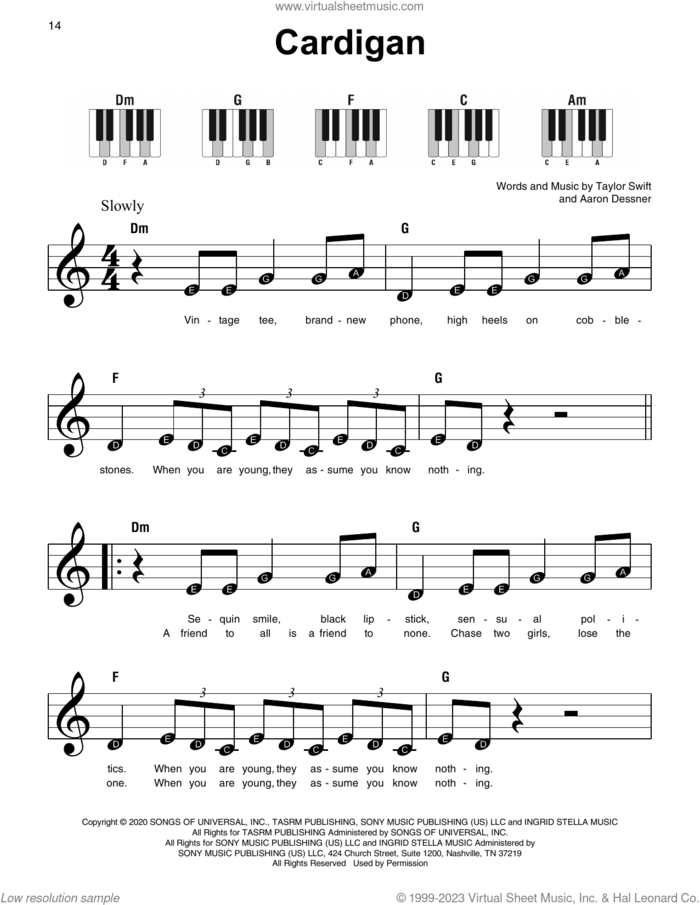 cardigan sheet music for piano solo by Taylor Swift and Aaron Dessner, beginner skill level