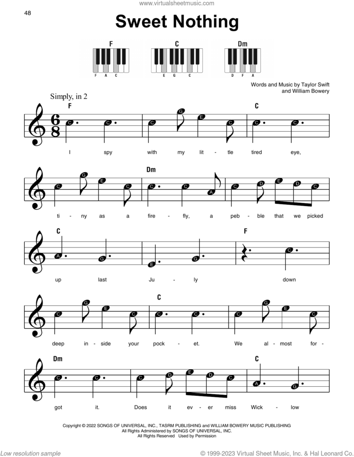 Sweet Nothing, (beginner) sheet music for piano solo by Taylor Swift and William Bowery, beginner skill level