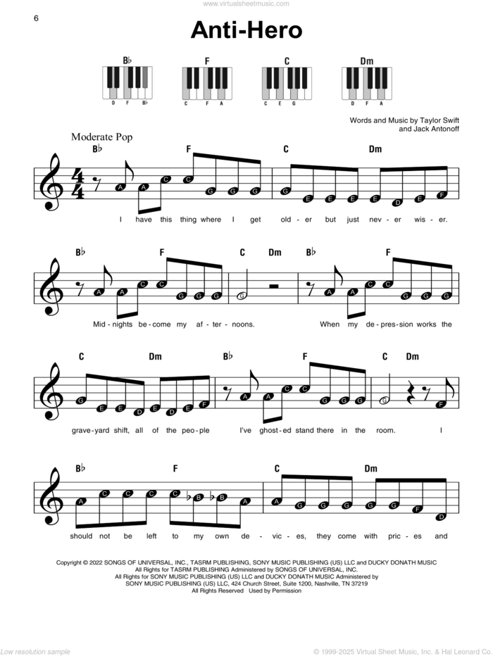 Anti-Hero sheet music for piano solo by Taylor Swift and Jack Antonoff, beginner skill level