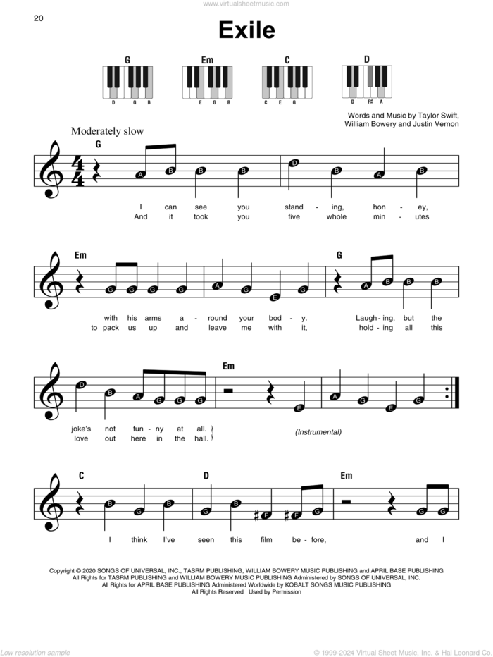 exile (feat. Bon Iver), (beginner) (feat. Bon Iver) sheet music for piano solo by Taylor Swift, Justin Vernon and William Bowery, beginner skill level