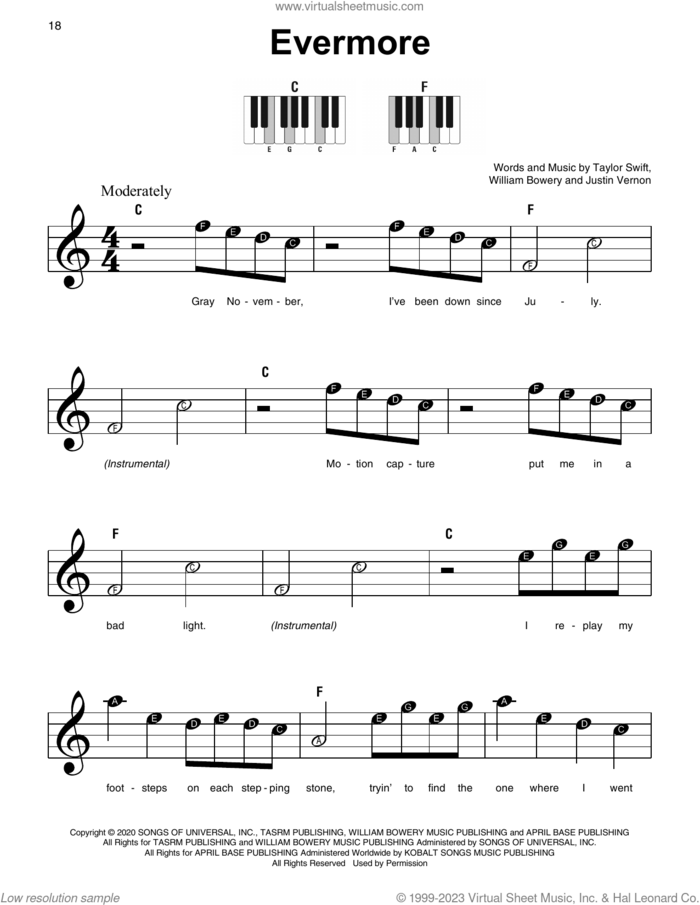 evermore (feat. Bon Iver), (beginner) (feat. Bon Iver) sheet music for piano solo by Taylor Swift, Justin Vernon and William Bowery, beginner skill level