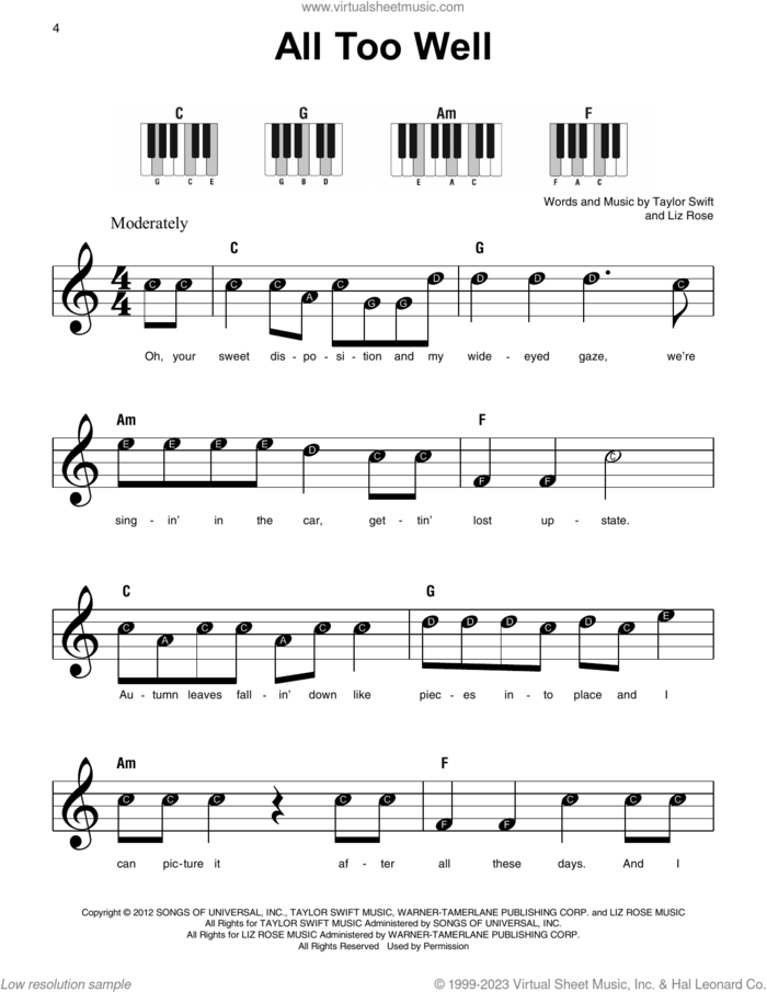 All Too Well, (beginner) sheet music for piano solo by Taylor Swift and Liz Rose, beginner skill level
