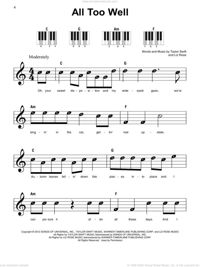 All Too Well sheet music for piano solo by Taylor Swift and Liz Rose, beginner skill level