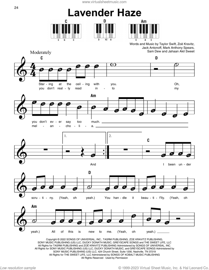 Lavender Haze, (beginner) sheet music for piano solo by Taylor Swift, Jack Antonoff, Jahaan Akil Sweet, Mark Anthony Spears, Sam Dew and Zoe Kravitz, beginner skill level