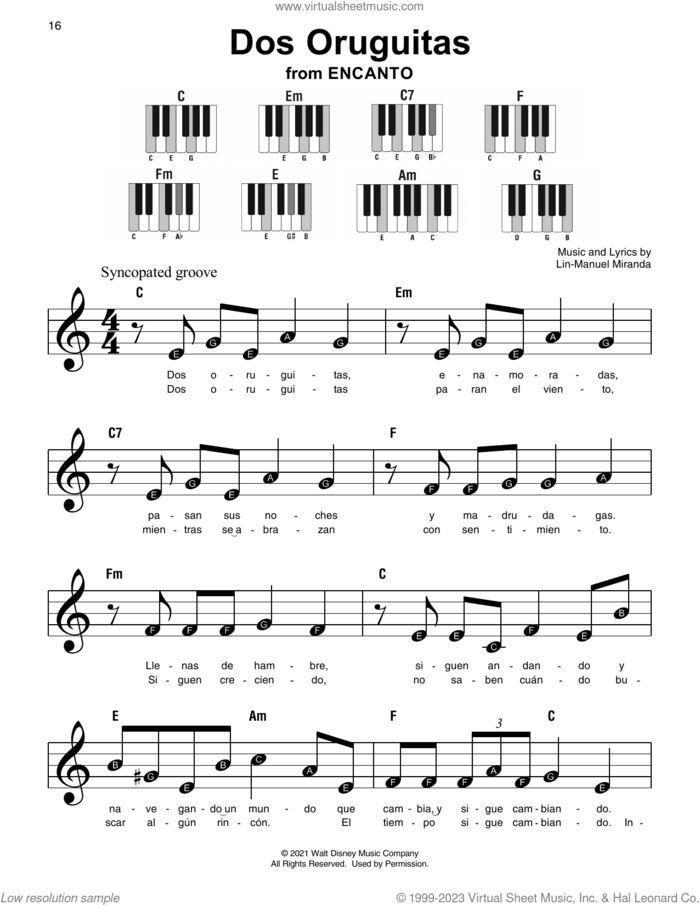 Dos Oruguitas (from Encanto) sheet music for piano solo by Lin-Manuel Miranda and Sebastian Yatra, beginner skill level