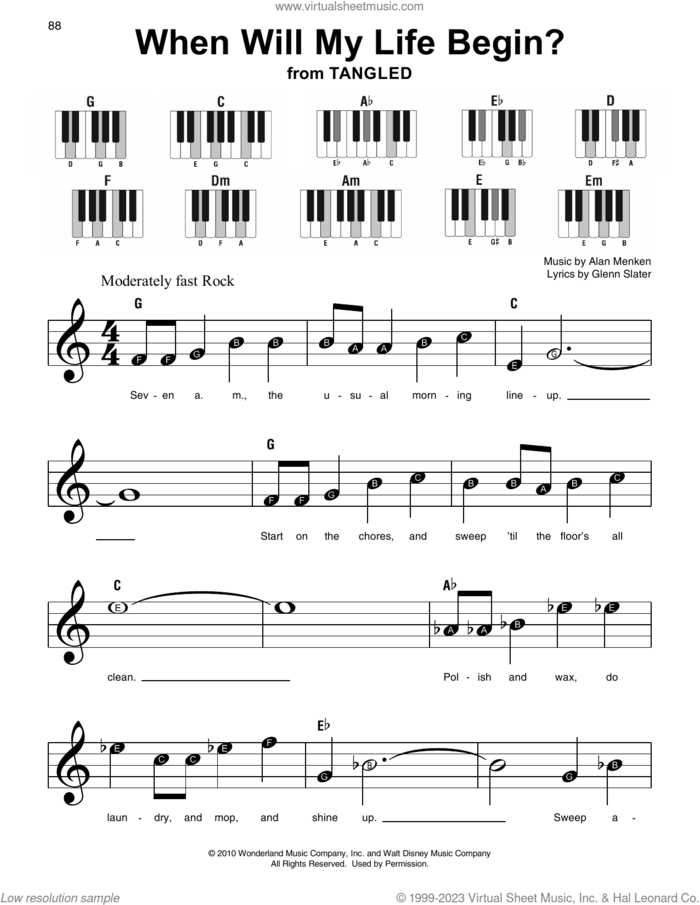 When Will My Life Begin? (from Tangled), (beginner) (from Tangled) sheet music for piano solo by Mandy Moore, Alan Menken and Glenn Slater, beginner skill level