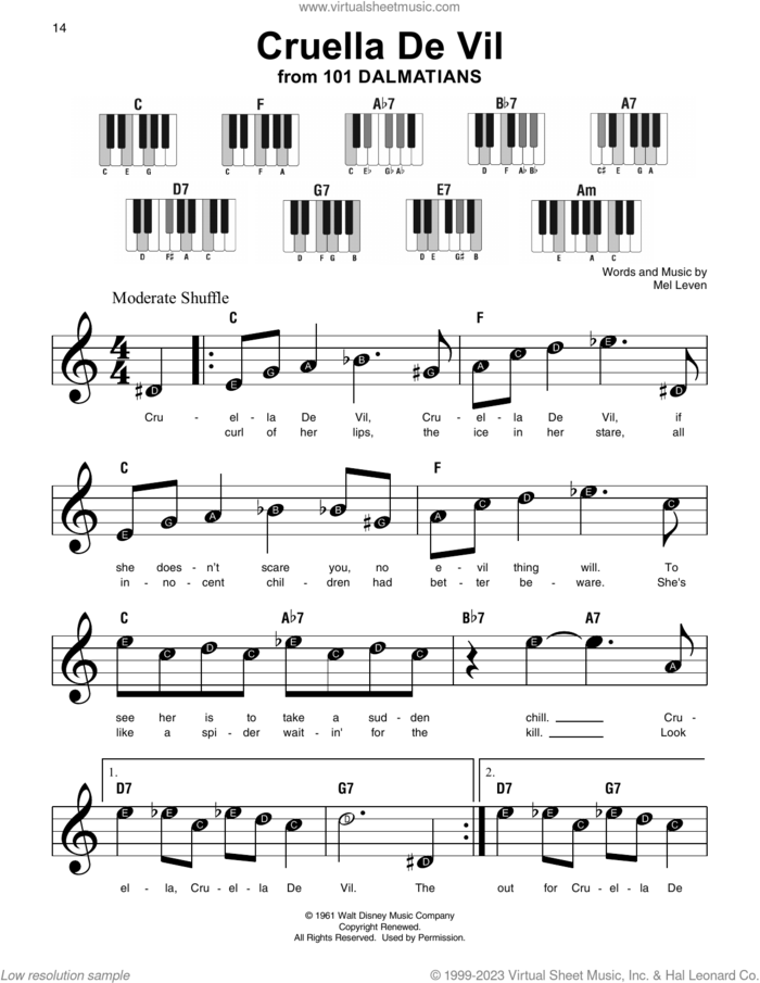Cruella De Vil (from 101 Dalmatians) sheet music for piano solo by Mel Leven, beginner skill level
