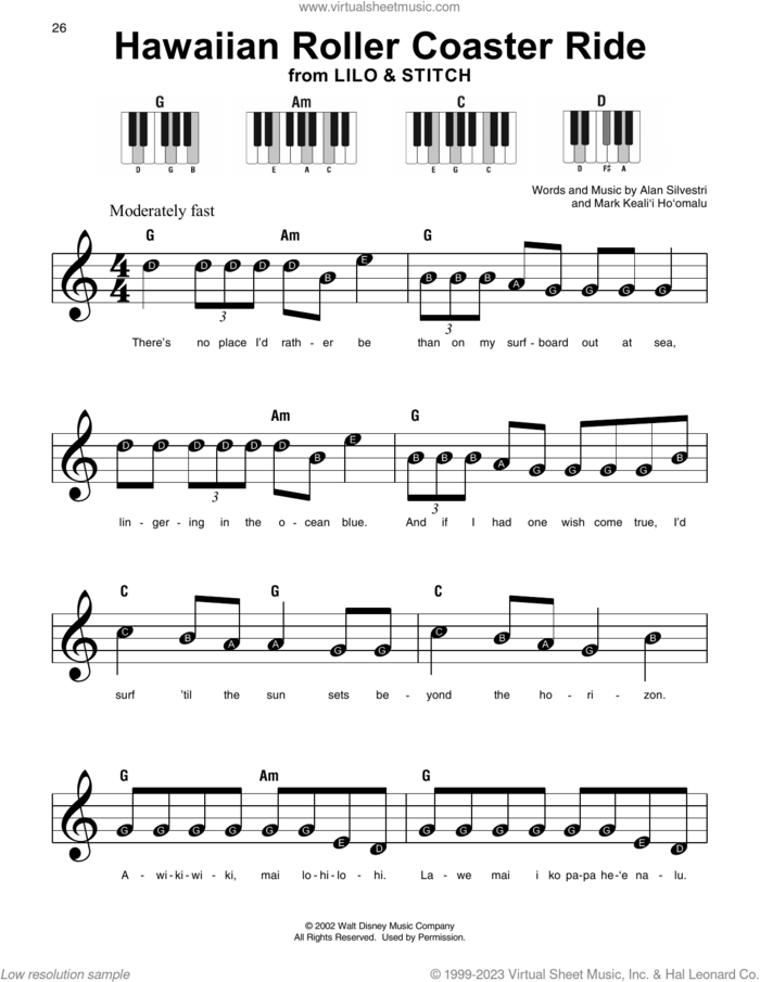 Hawaiian Roller Coaster Ride (from Lilo and Stitch), (beginner) (from Lilo and Stitch) sheet music for piano solo by Alan Silvestri, beginner skill level