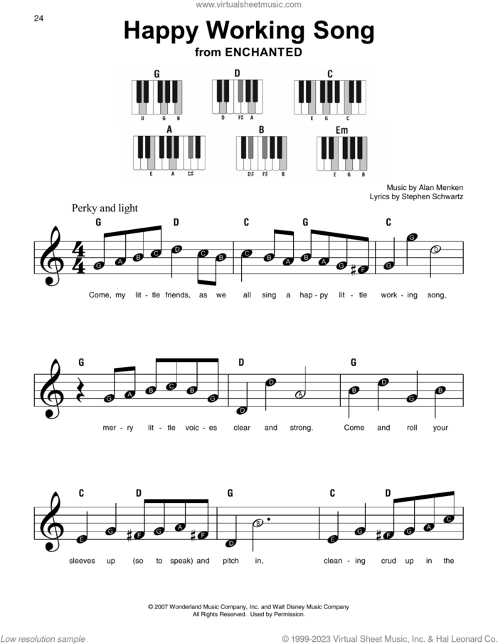 Happy Working Song (from Enchanted) sheet music for piano solo by Amy Adams, Alan Menken and Stephen Schwartz, beginner skill level