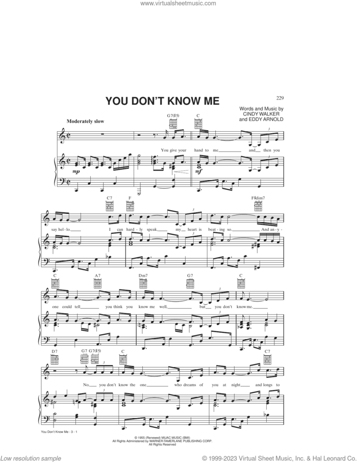 You Don't Know Me sheet music for voice, piano or guitar by Eddy Arnold, Elvis Presley, Mickey Gilley, Ray Charles and CINDY WALKER, intermediate skill level