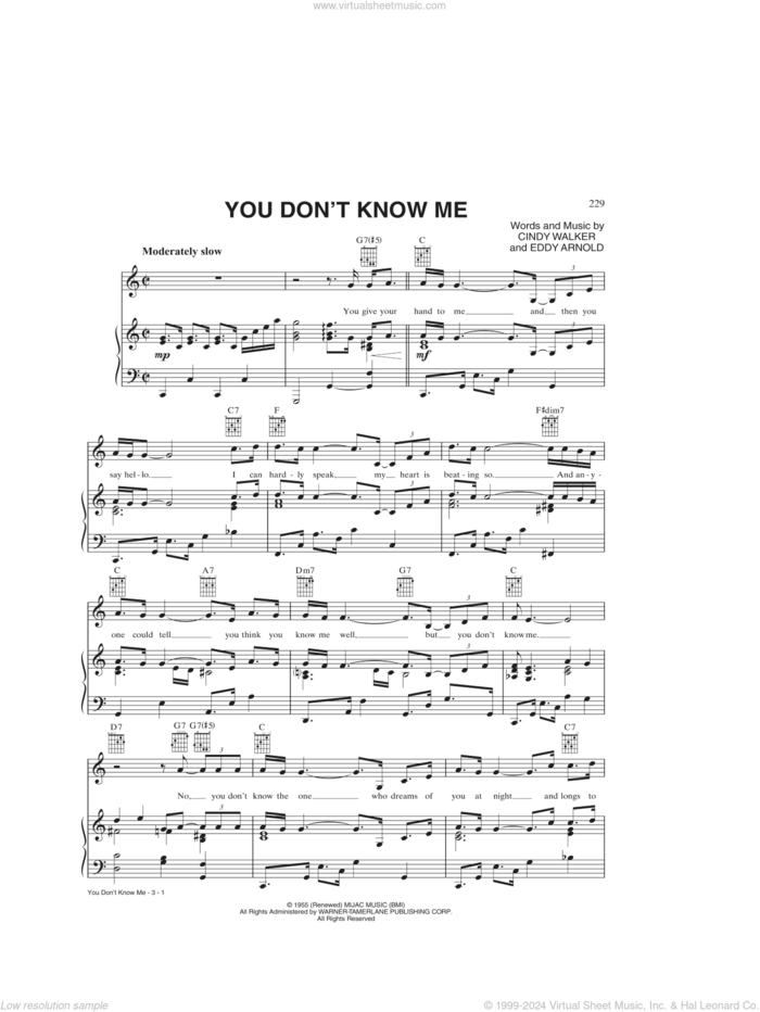 You Don't Know Me sheet music for voice, piano or guitar by Eddy Arnold, Elvis Presley, Mickey Gilley, Ray Charles and CINDY WALKER, intermediate skill level