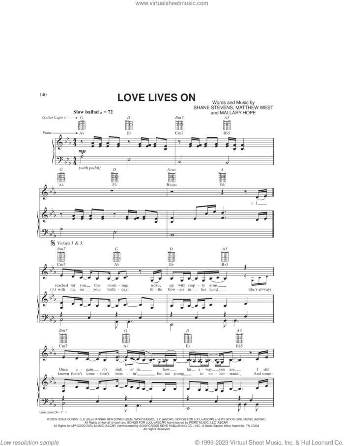 Love Lives On sheet music for voice, piano or guitar by Mallary Hope, Matthew West and Shane Stevens, intermediate skill level