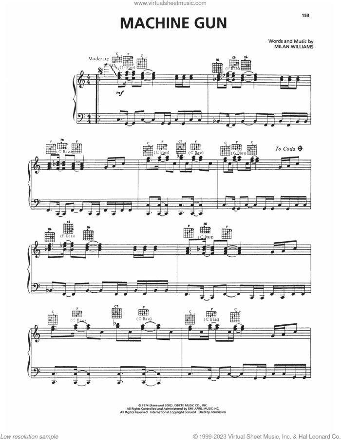 Machine Gun sheet music for piano solo by The Commodores and Milan Williams, intermediate skill level