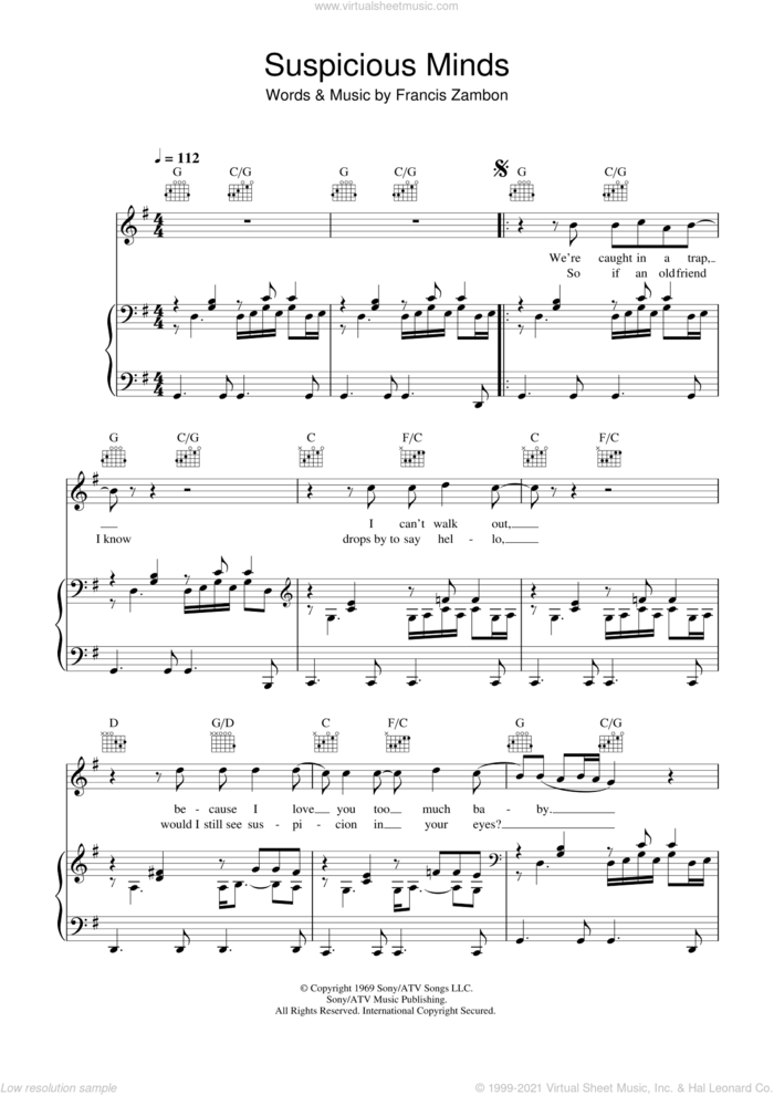 Suspicious Minds sheet music for voice, piano or guitar by Elvis Presley, intermediate skill level