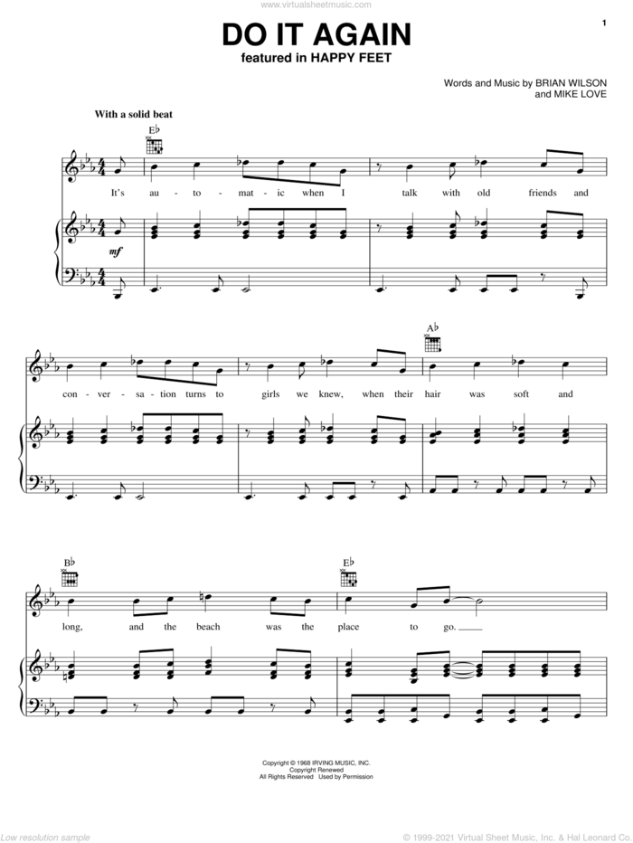 Do It Again sheet music for voice, piano or guitar by The Beach Boys, Brian Wilson and Mike Love, intermediate skill level