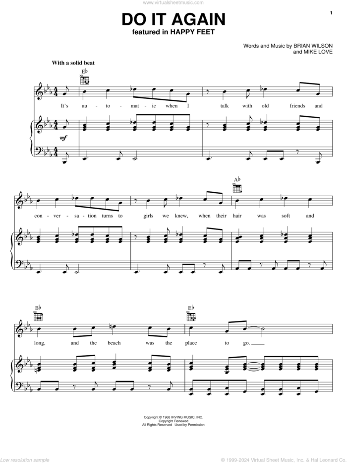 Do It Again sheet music for voice, piano or guitar by The Beach Boys, Brian Wilson and Mike Love, intermediate skill level