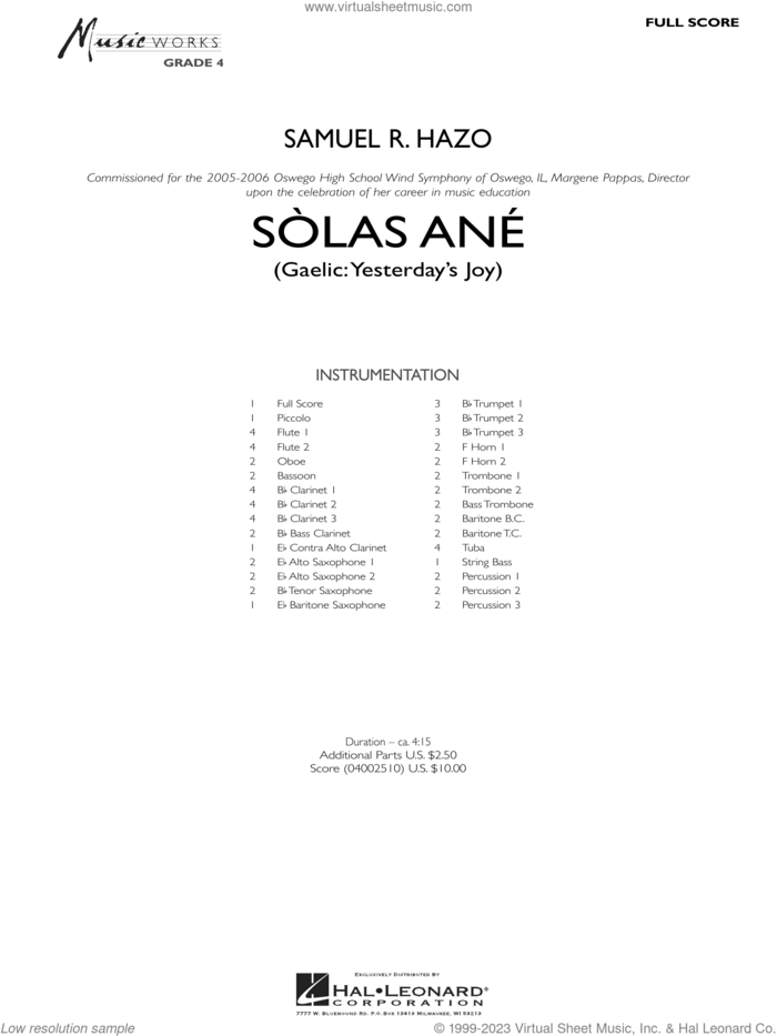 Solas Ane (Yesterday's Joy) (COMPLETE) sheet music for concert band by Samuel R. Hazo, intermediate skill level