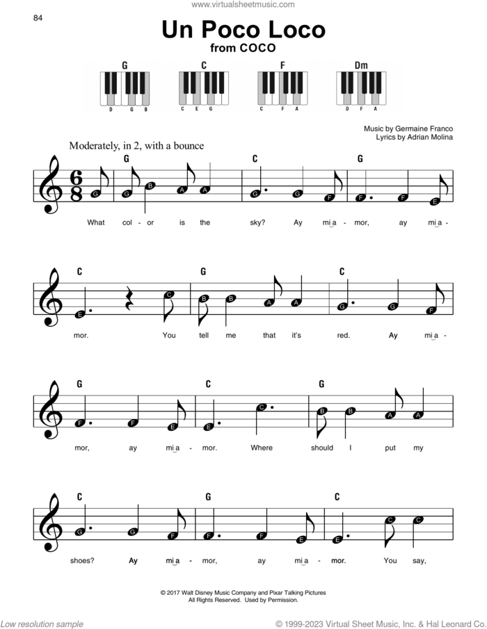 Un Poco Loco (from Coco) sheet music for piano solo by Germaine Franco, Adrian Molina and Germaine Franco & Adrian Molina, beginner skill level
