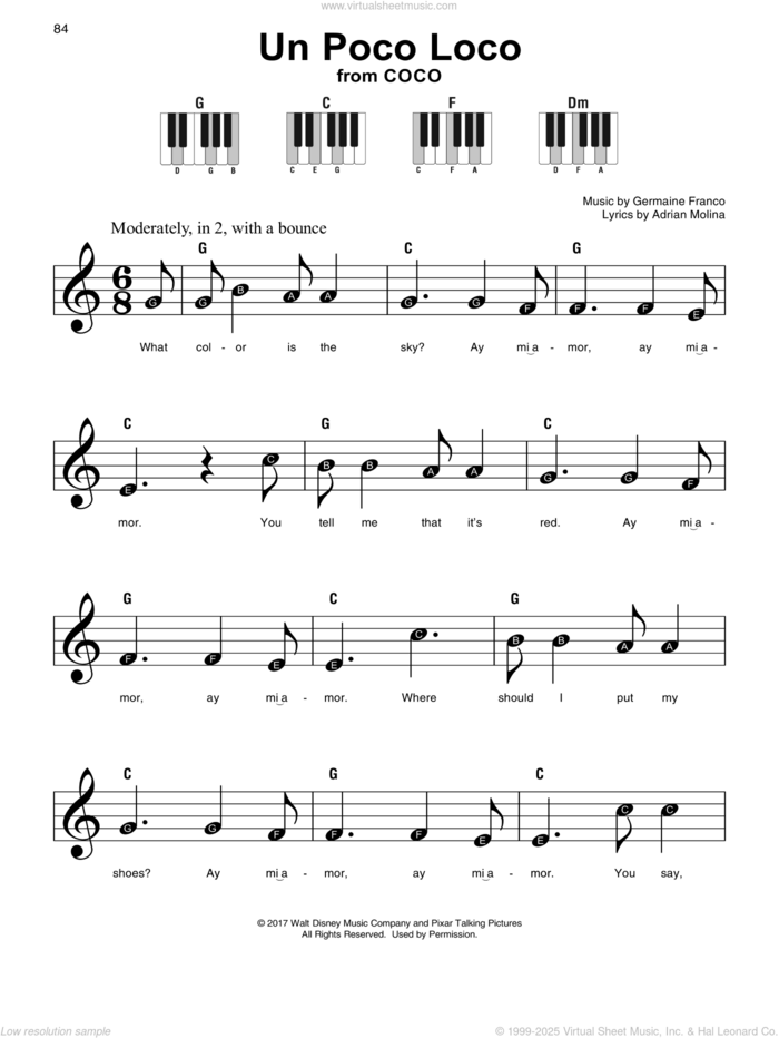 Un Poco Loco (from Coco) sheet music for piano solo by Germaine Franco, Adrian Molina and Germaine Franco & Adrian Molina, beginner skill level
