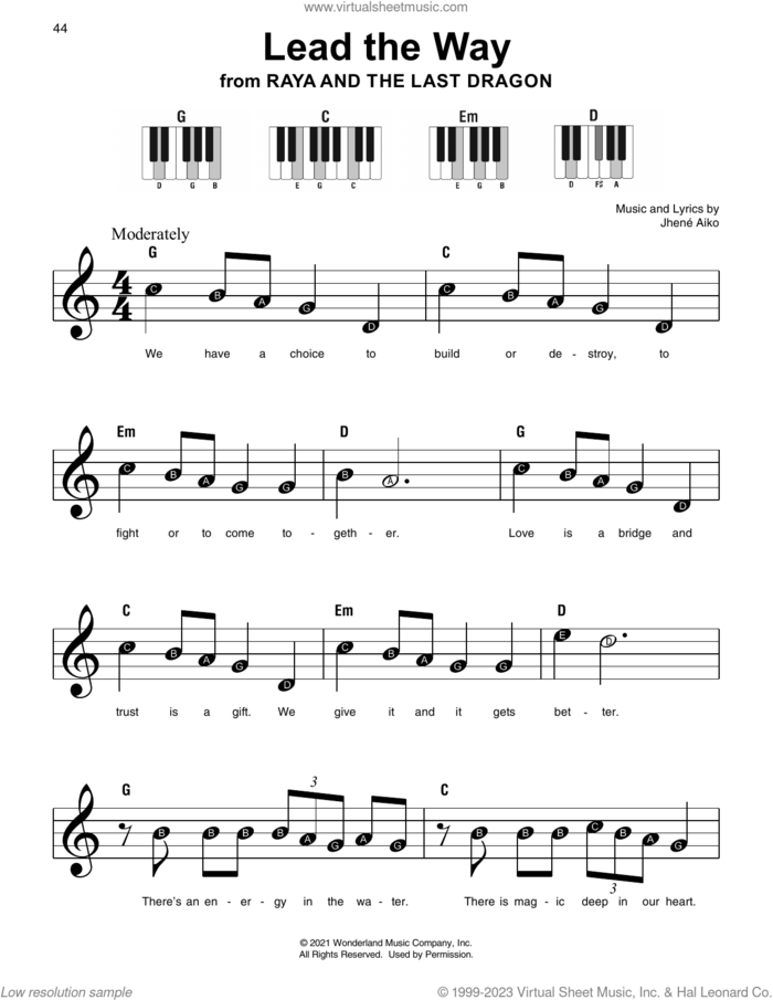 Lead The Way (from Raya And The Last Dragon) sheet music for piano solo by Jhene Aiko, beginner skill level