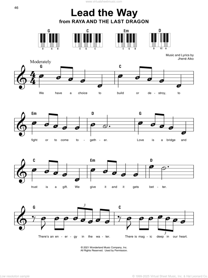 Lead The Way (from Raya And The Last Dragon) sheet music for piano solo by Jhene Aiko, beginner skill level