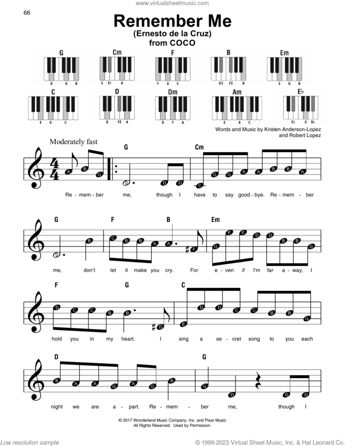 Remember Me (Ernesto de la Cruz) (from Coco) sheet music for piano solo by Robert Lopez, Kristen Anderson-Lopez and Kristen Anderson-Lopez & Robert Lopez, beginner skill level