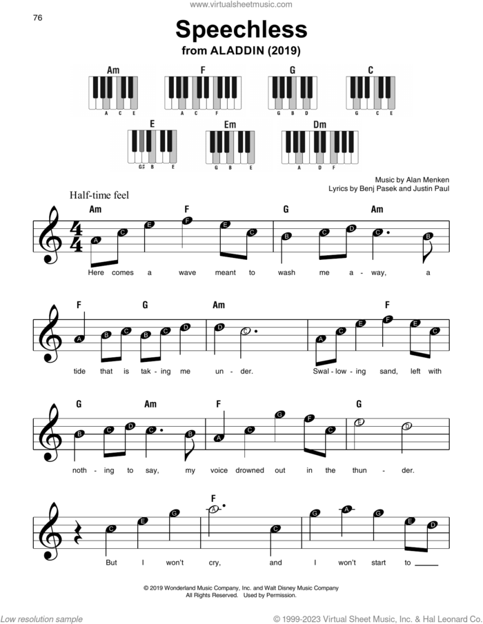 Speechless (from Aladdin), (beginner) (from Aladdin) sheet music for piano solo by Naomi Scott, Alan Menken, Benj Pasek and Justin Paul, beginner skill level