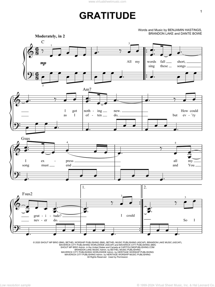 Gratitude sheet music for piano solo by Brandon Lake, Benjamin Hastings and Dante Bowe, easy skill level