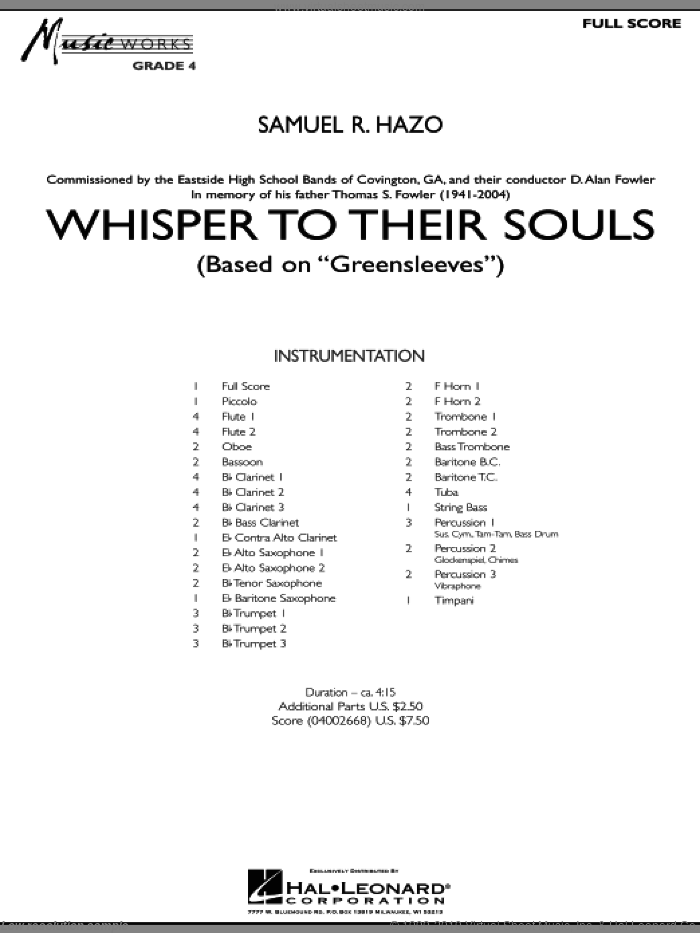 Whisper to Their Souls (based on 'Greensleeves') (COMPLETE) sheet music for concert band by Samuel R. Hazo, intermediate skill level